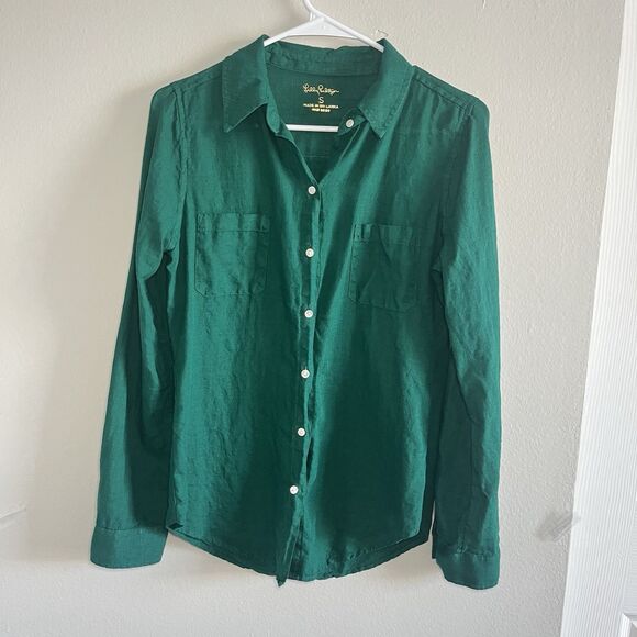 Lilly Pulitzer Sea View Woven Linen Point Collar Button Down Shirt Green Women S - Picture 2 of 6